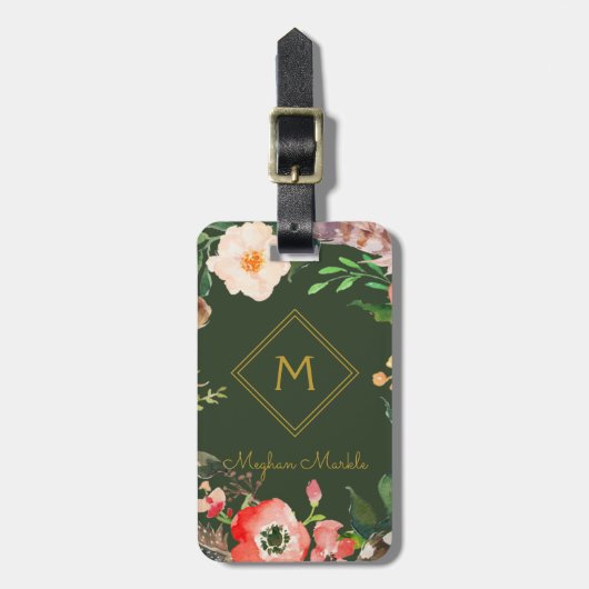 名前の追加モダンパーソナライズされたエレガントフローラ金ゴールド ラゲッジタグ (正面縦)