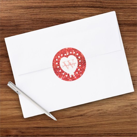 名前の追加モノグラムコーラルグリッターホワイトハート ラウンドシール