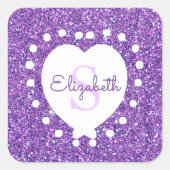 名前の追加モノグラムパープルグリッターホワイトハート スクエアシール (正面)