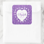名前の追加モノグラムパープルグリッターホワイトハート スクエアシール (バッグ)