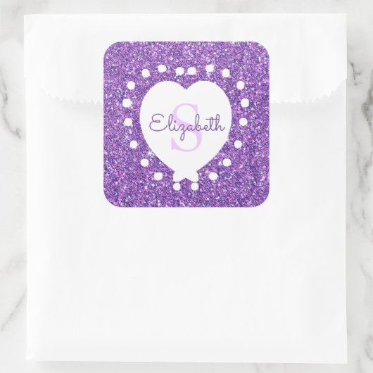 名前の追加モノグラムパープルグリッターホワイトハート スクエアシール (バッグ)