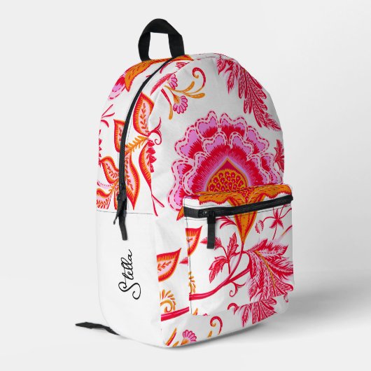 名前の追加名門私立校風のヴィンテージ花 | ピンクとオレンジ プリントバックパック (裏面左端)