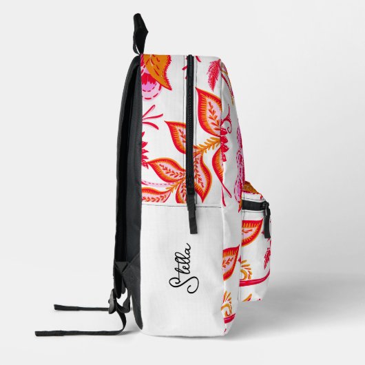 名前の追加名門私立校風のヴィンテージ花 | ピンクとオレンジ プリントバックパック (左)