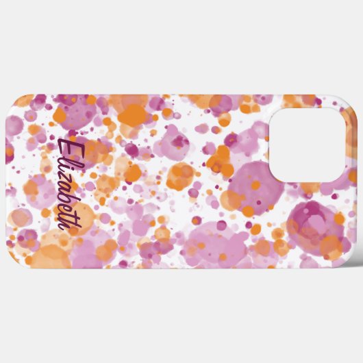 名前の追加文字をオレンジ色の紫の抽象芸術(ばちゃばちゃ)跳ねる Case-Mate iPhoneケース (裏面 (横))