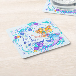 名前の追加文字ブロンドMermaid Blue Mauve Aquaパーティー スクエアペーパーコースター