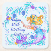 名前の追加文字ブロンドMermaid Blue Mauve Aquaパーティー スクエアペーパーコースター (正面)