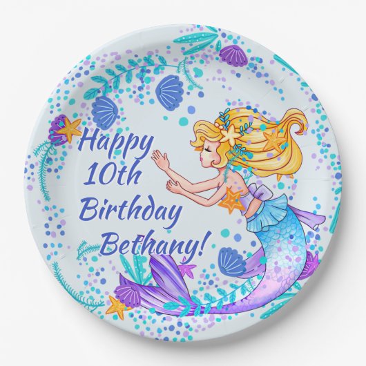 名前の追加文字ブロンドMermaid Blue Mauve Aquaパーティー ペーパープレート (正面)