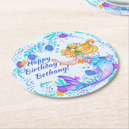 名前の追加文字ブロンドMermaid Blue Mauve Aquaパーティー ラウンドペーパーコースター
