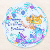 名前の追加文字ブロンドMermaid Blue Mauve Aquaパーティー ラウンドペーパーコースター (正面)