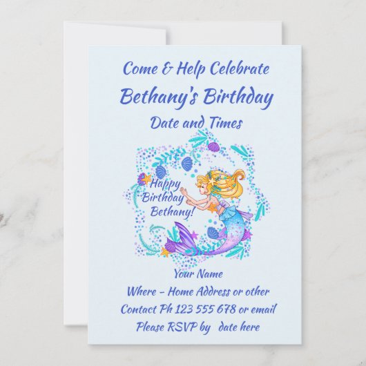 名前の追加文字ブロンドMermaid Blue Mauve Aquaパーティー 招待状 (正面)