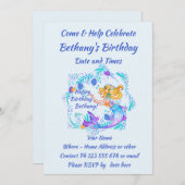 名前の追加文字ブロンドMermaid Blue Mauve Aquaパーティー 招待状 (正面/裏面)