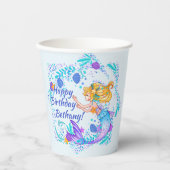 名前の追加文字ブロンドMermaid Blue Mauve Aquaパーティー 紙コップ (正面)