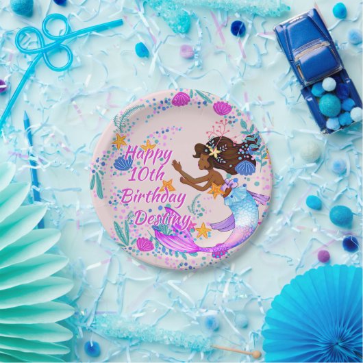 名前の追加文字マーメイドピンクマウブアクアパーティー ペーパープレート (パーティー)