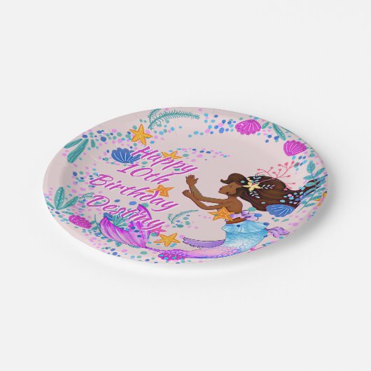 名前の追加文字マーメイドピンクマウブアクアパーティー ペーパープレート (アングル)