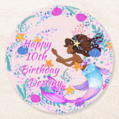 名前の追加文字マーメイドピンクマウブアクアパーティー ラウンドペーパーコースター (正面)