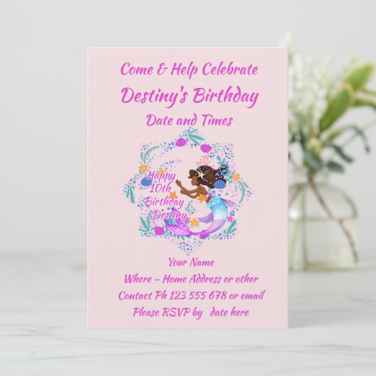 名前の追加文字マーメイドピンクマウブアクアパーティー 招待状 (スタンド正面)