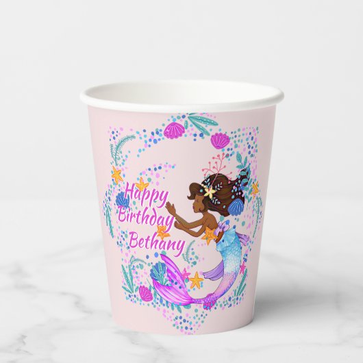 名前の追加文字マーメイドピンクマウブアクアパーティー 紙コップ (裏面)