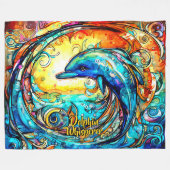 名前の追加文字抽象芸術波で泳ぐイルカ フリースブランケット (正面(横))