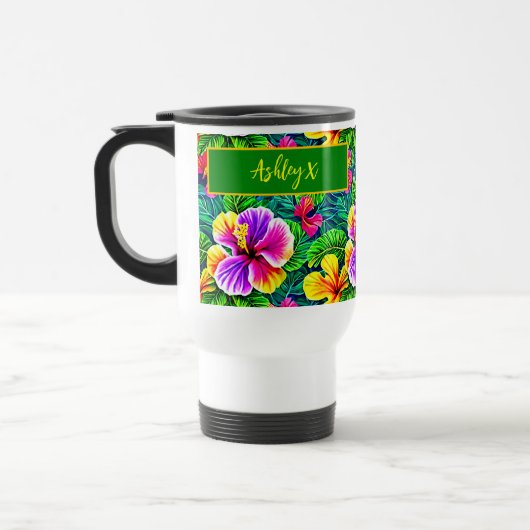 名前の追加文字熱帯ハイビスカスフラワージャングルリーフ トラベルマグ (左)