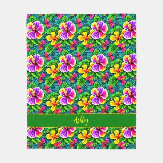 名前の追加文字熱帯ハイビスカスフラワージャングルリーフ フリースブランケット (正面)