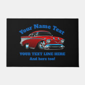 名前の追加文字赤改造青クラシックマッスルカー ドアマット (正面)