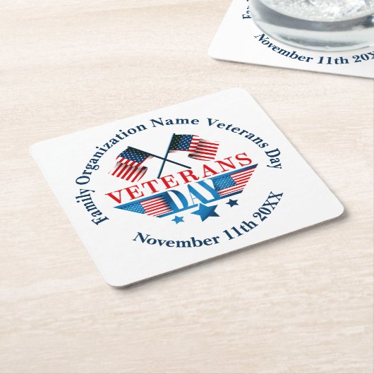 名前の追加文字退役軍人日フラグお祝いパーティー スクエアペーパーコースター (アングル)