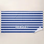 名前の追加文字、グレンジー濃い青色の白ストライプ色 ビーチタオル (正面)