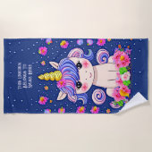 名前の追加文字、ベビーユニコーン花と星ブルー ビーチタオル (正面)