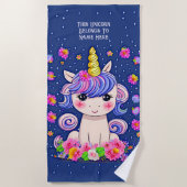 名前の追加文字、ベビーユニコーン花と星ブルー ビーチタオル (正面)