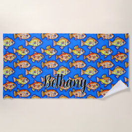 名前の追加文字、抽象芸術金ゴールド魚の青 ビーチタオル