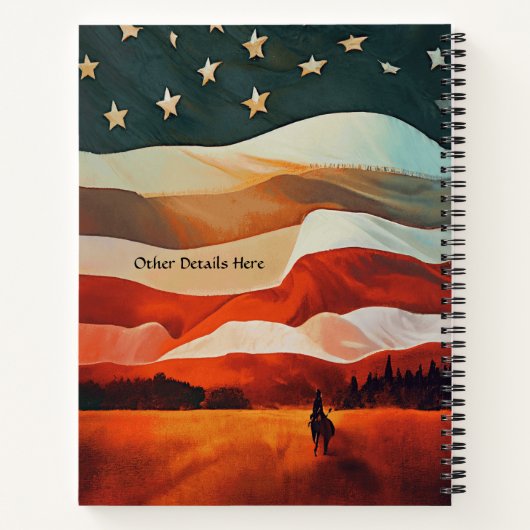 名前の追加文字、旗の日没に乗るカウボーイ ノートブック (裏面)