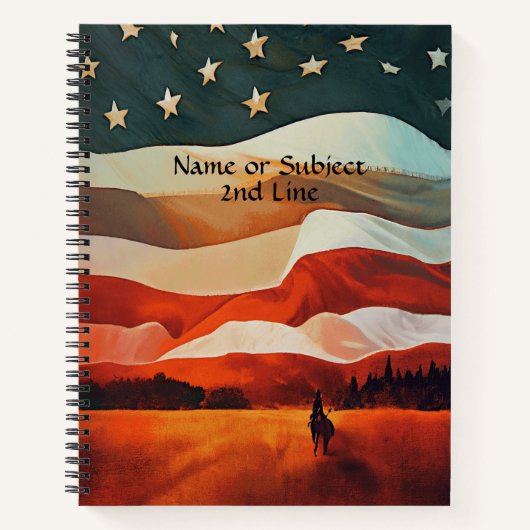 名前の追加文字、旗の日没に乗るカウボーイ ノートブック (正面)