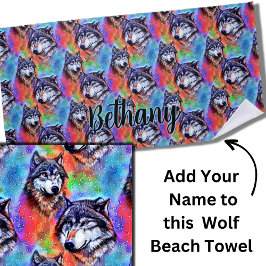 名前の追加文字、明るいパステルカラーのウルフヘッド ビーチタオル