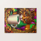 名前の追加文字、白いマグカップで宝石で飾られた猫 ジグソーパズル (横)