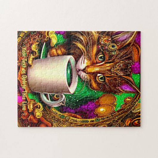 名前の追加文字、白いマグカップで宝石で飾られた猫 ジグソーパズル (横)