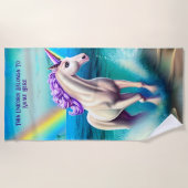 名前の追加文字、遊Unicornの波、青 ビーチタオル (正面)