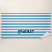 名前の追加文字、青い緑の白ストライプ色 ビーチタオル (正面)