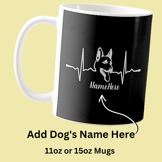 名前の追加文字、黒のドイツの羊飼いのハートビート コーヒーマグカップ