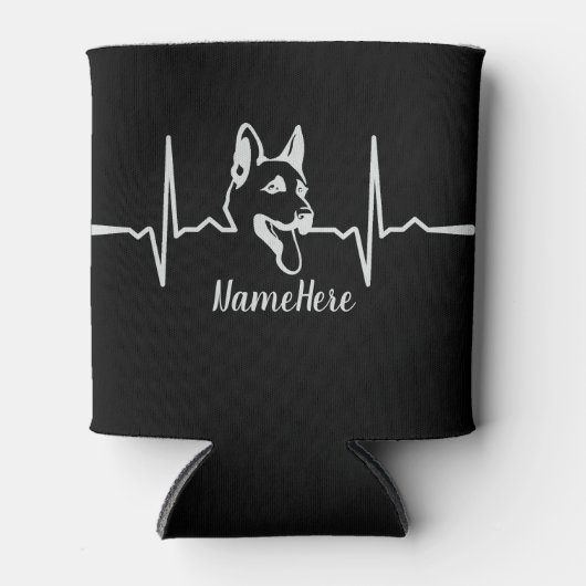 名前の追加文字、黒のドイツの羊飼いのハートビート 缶クーラー (正面)