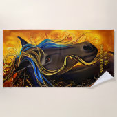 名前の追加文字、黒ファンタジー馬(金ゴールド青) ビーチタオル (正面)