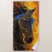 名前の追加文字、黒ファンタジー馬(金ゴールド青) ビーチタオル (正面)