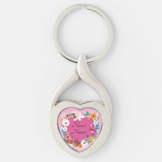 名前の追加文字Valentinesデイピンクフローラハート キーホルダー (正面)