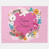 名前の追加文字Valentinesデイピンクフローラハート フリースブランケット (正面(横))