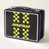名前の追加編集可能な色の二重市松模様にストライプ色 メタルランチボックス (裏面)