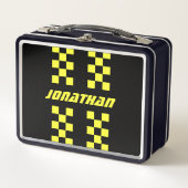 名前の追加編集可能な色の二重市松模様にストライプ色 メタルランチボックス (正面)