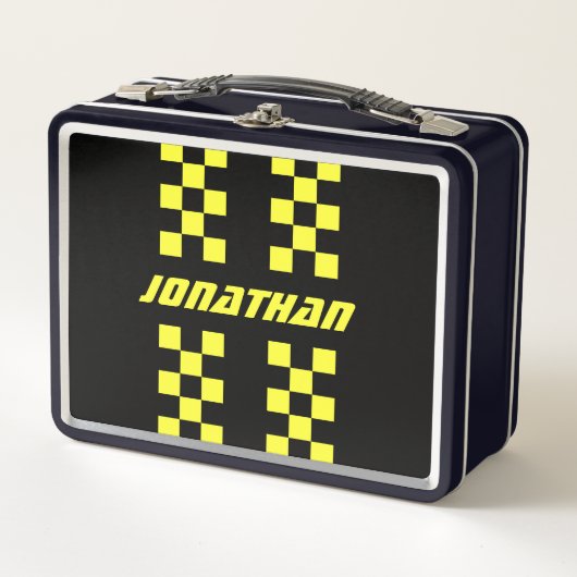 名前の追加編集可能な色の二重市松模様にストライプ色 メタルランチボックス (正面)