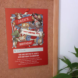 名前の追加誕生日動物ファン赤と白 招待状