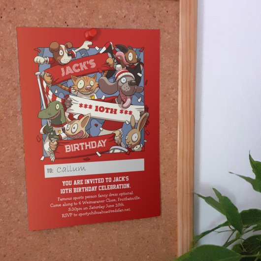 名前の追加誕生日動物ファン赤と白 招待状