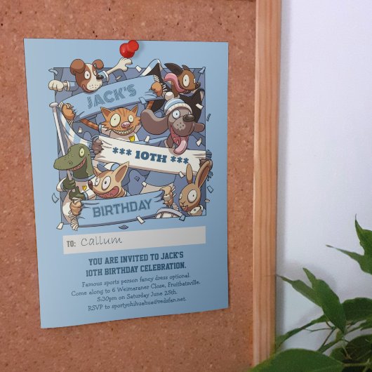 名前の追加誕生日動物ファンSky Blue 招待状