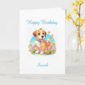 名前の追加誕生日子犬 カード (黄色い花)